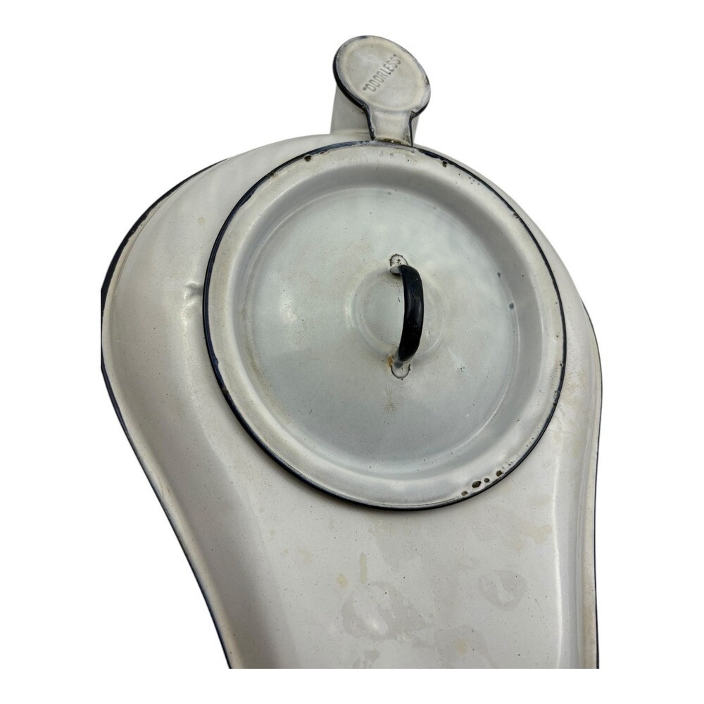 Vintage‎ Enamelware "Odorless" Bedpan with Lid - White & Black Trim - Picture 3 of 13